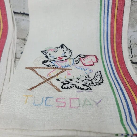 6 Days Of The Week Vtg Cat Kitchen Tea Dish Towels Hand Embroidered Needlepoint